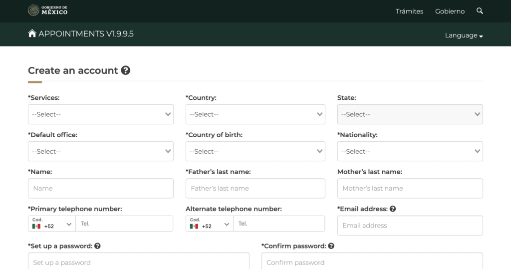 đăng ký tài khoản nộp hồ sơ xin visa Mexico